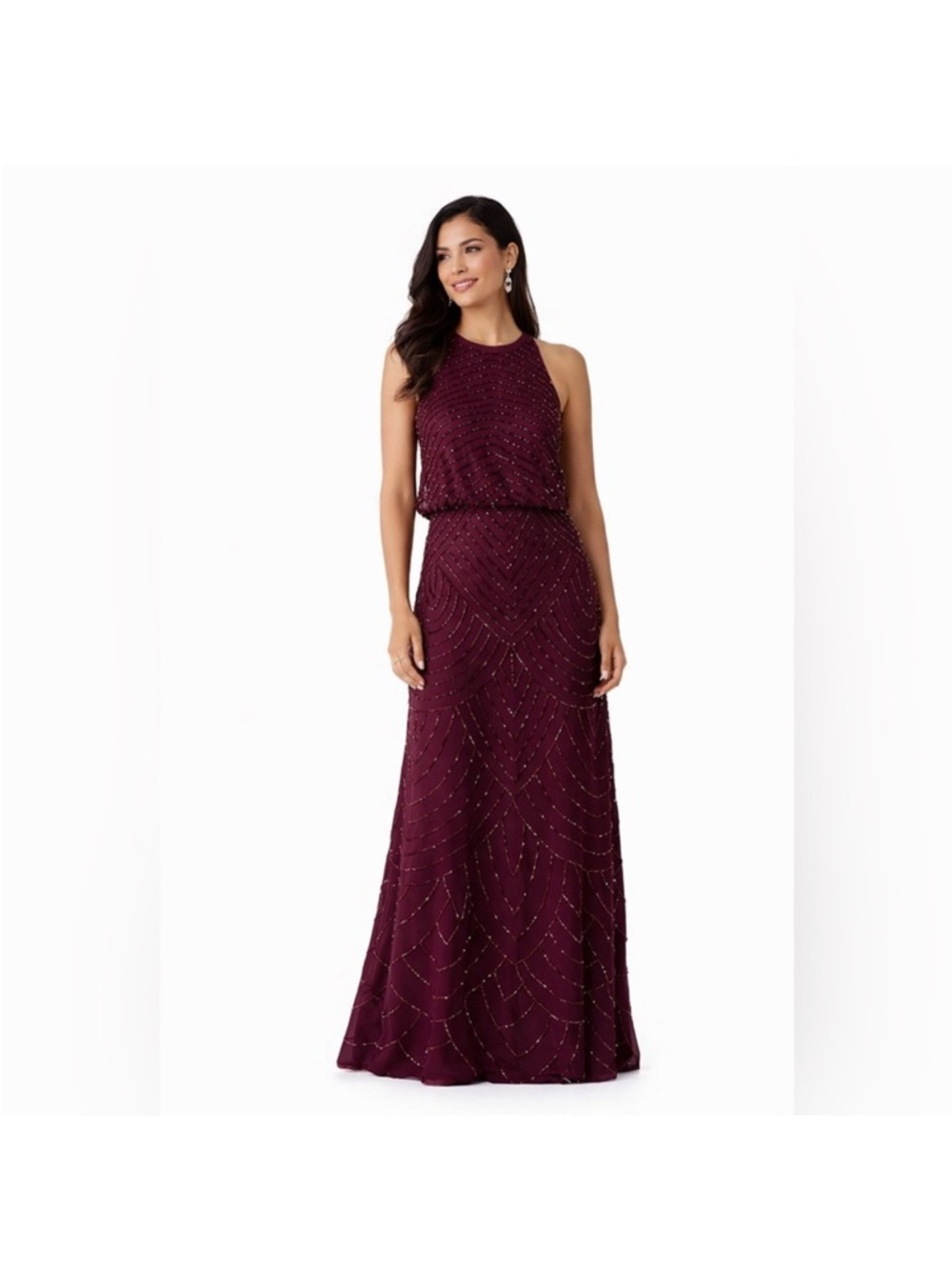 Adrianna Papell Burgundy Beaded Halter Gown SZ 4 GALA Formal Evening Art Deco